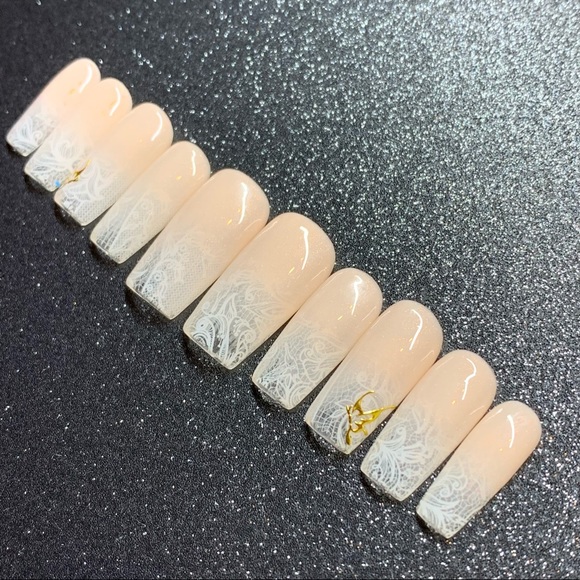 Nude Butterfly Lace Ombré Square Custom LuxuryPress Ons - Picture 3 of 5